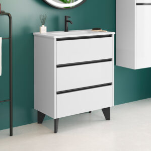 White freestanding three-drawer vanity unit with matte black handles and white basin
