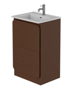 Niko Rían 500mm floor standing two-drawer vanity unit in chocolate brown with a white rectangular basin and chrome mixer tap