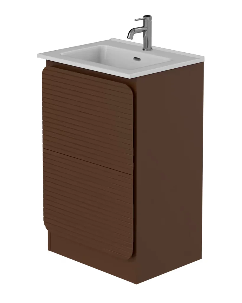 Niko Rían 500mm floor standing two-drawer vanity unit in chocolate brown with a white rectangular basin and chrome mixer tap