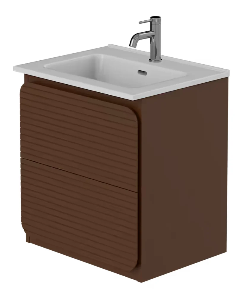 Niko Rían 500mm wall hung two-drawer vanity unit in chocolate brown with a white rectangular basin and chrome mixer tap