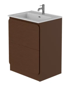 Niko Rían 600mm floor standing two-drawer vanity unit in chocolate brown with a white rectangular basin and chrome mixer tap