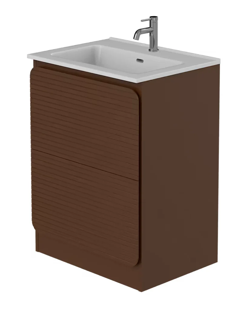 Niko Rían 600mm floor standing two-drawer vanity unit in chocolate brown with a white rectangular basin and chrome mixer tap