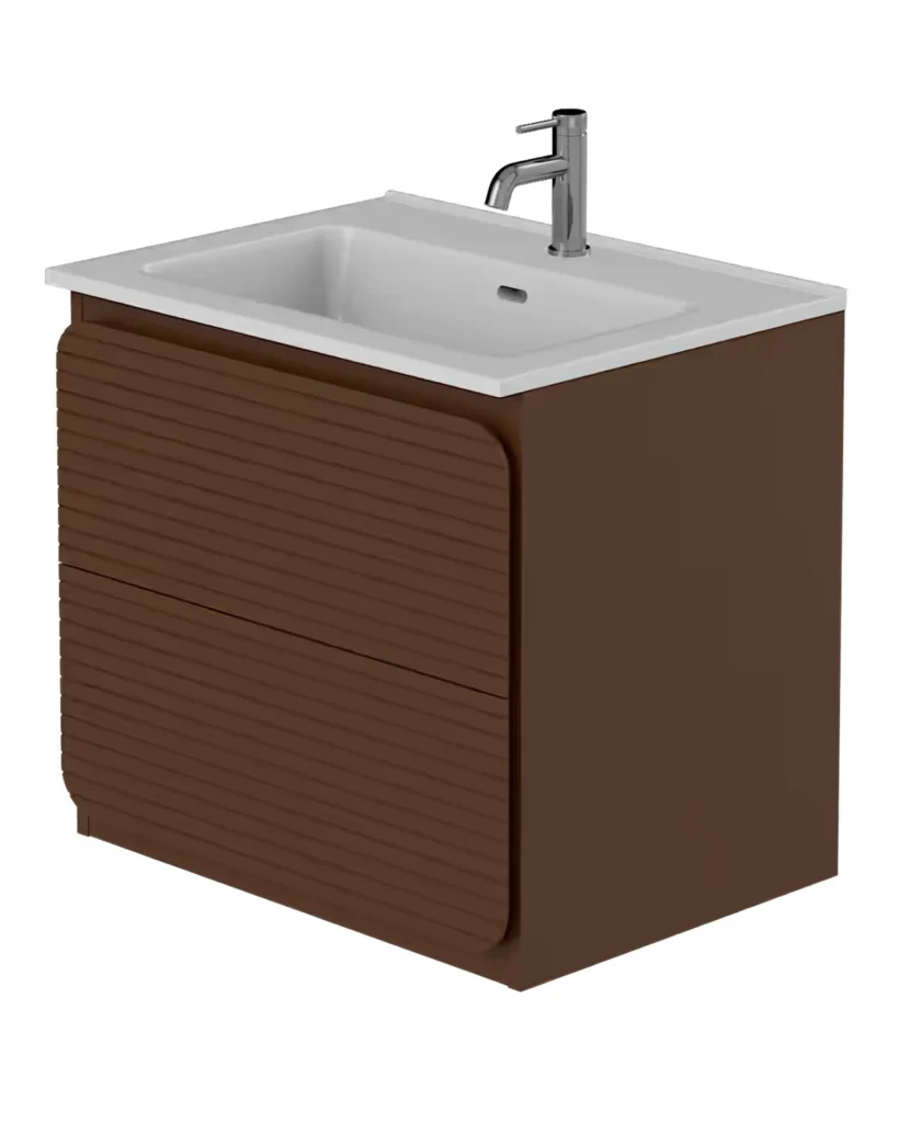 Niko Rían 600mm wall hung two-drawer vanity unit in chocolate brown with a white rectangular basin and chrome mixer tap