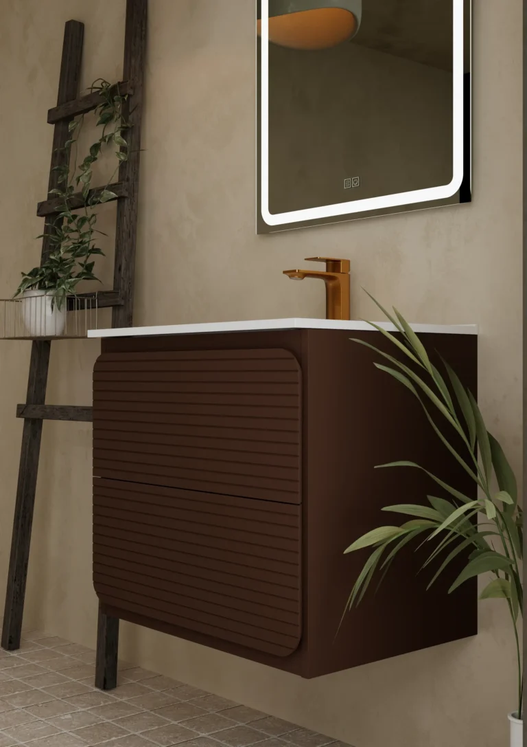 Niko RÃan chocolate brown vanity unit with an illuminated mirror