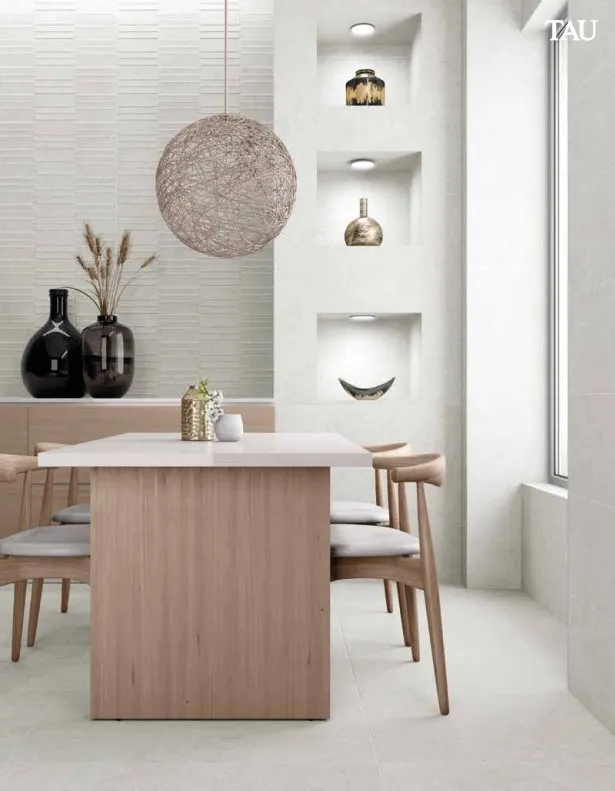 White textured wall tiles with linear relief pattern in a Scandi-style dining room