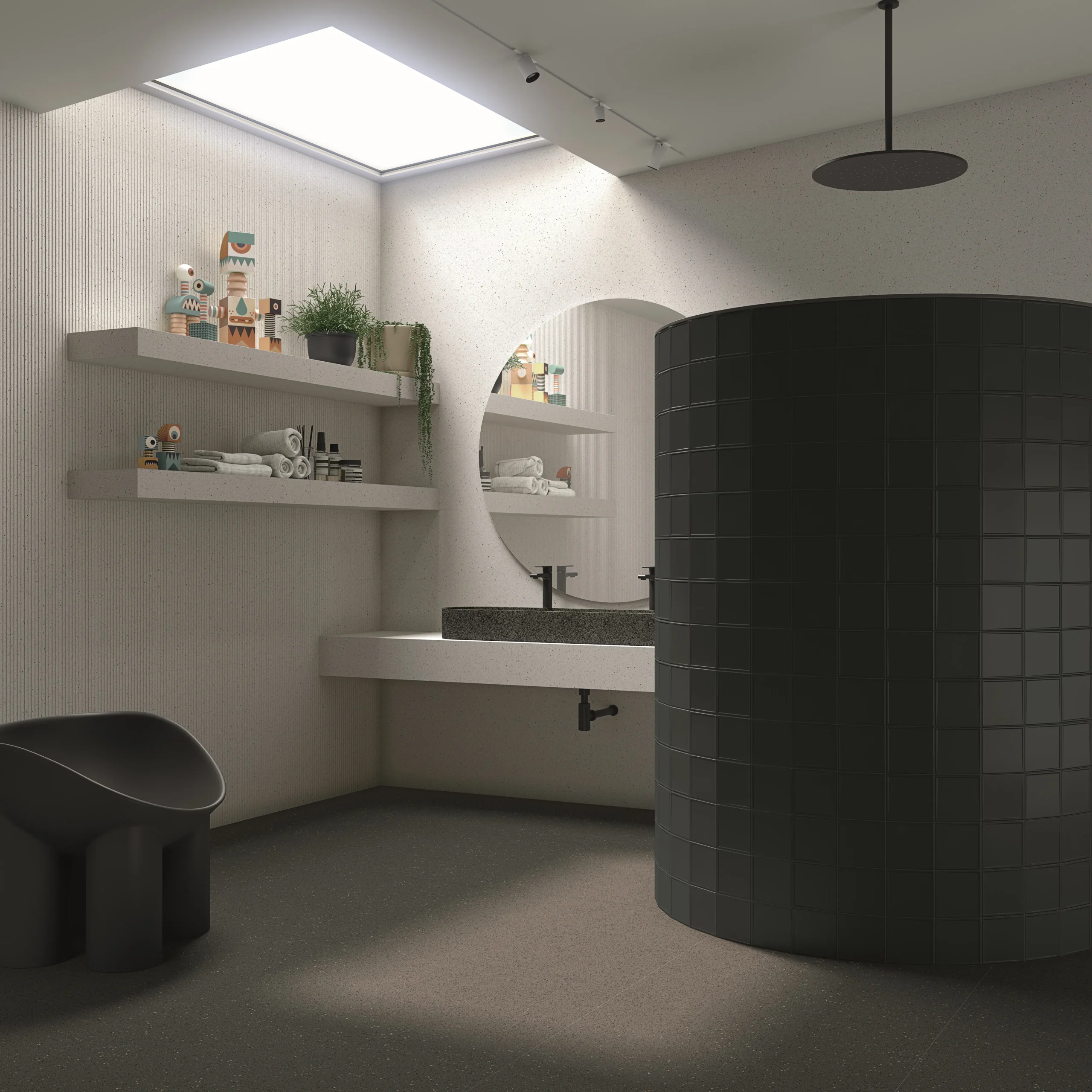 White structured wall tiles in a skylit bathroom with curved charcoal tiled shower pod