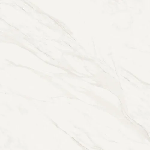 Square white ceramic tile with bold sweeping grey marble veins
