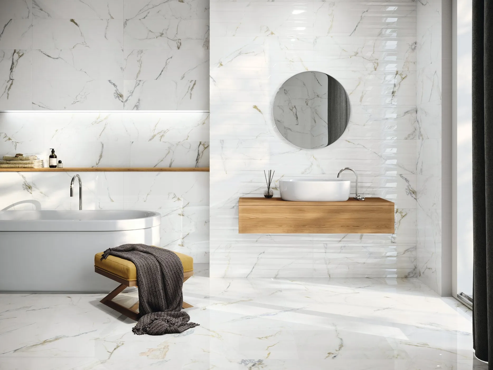 Elegant bathroom with polished marble-look wall tiles, round mirror and oak floating vanity