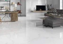 Glossy white marble-effect porcelain floor tiles in a modern living space