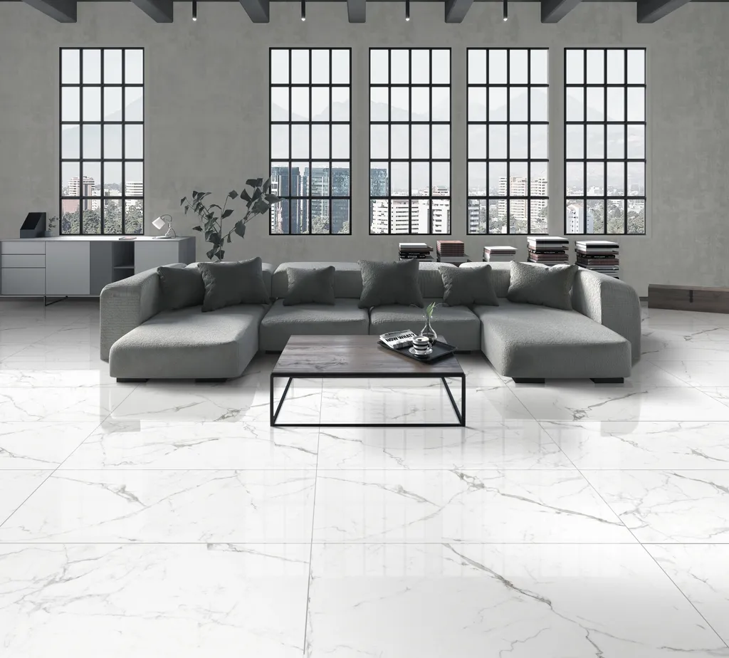 White statuario matt floor tiles in a spacious open-plan living room
