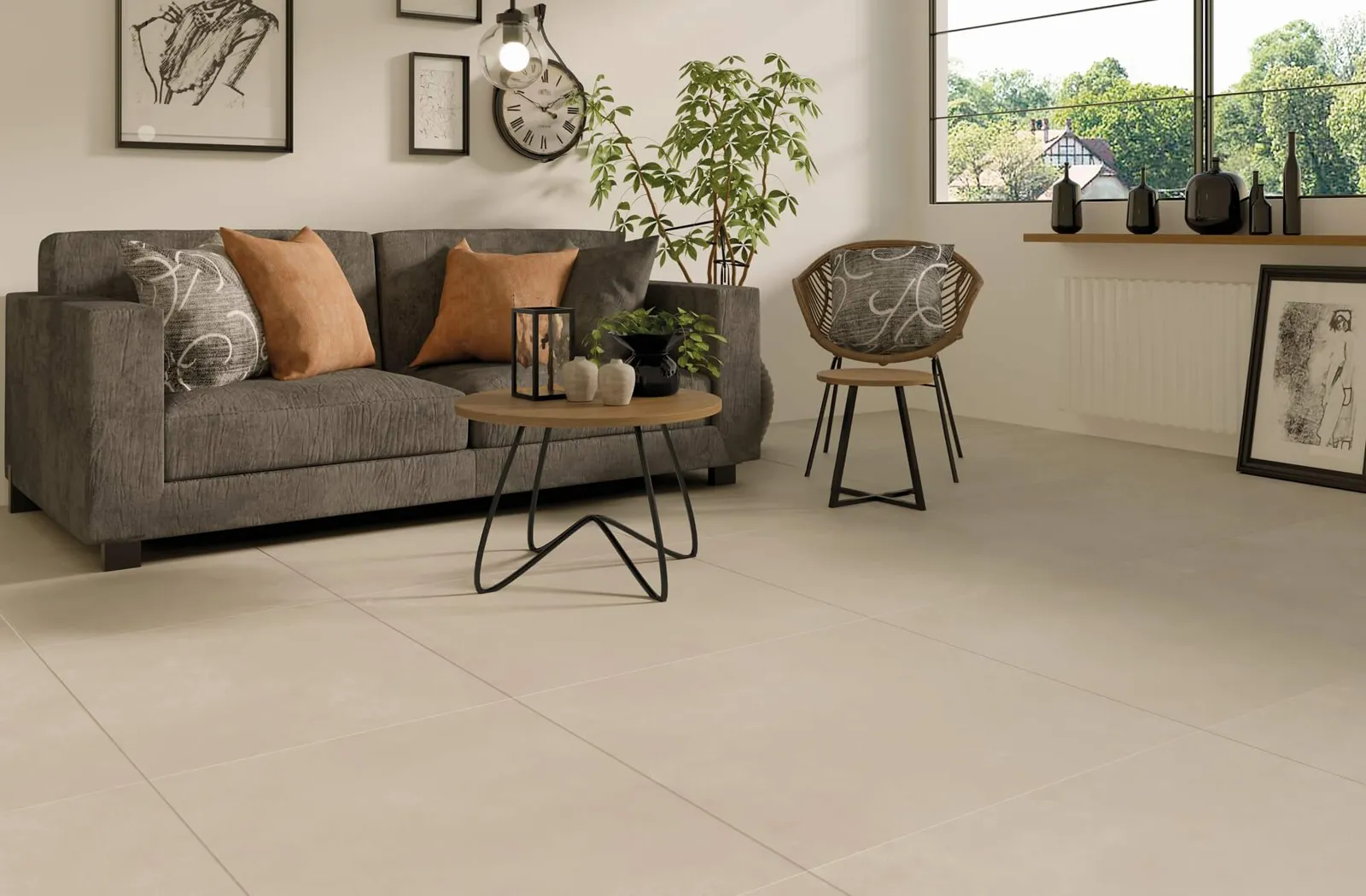 Ivory stone-effect porcelain tiles covering a modern bathroom floor and walls