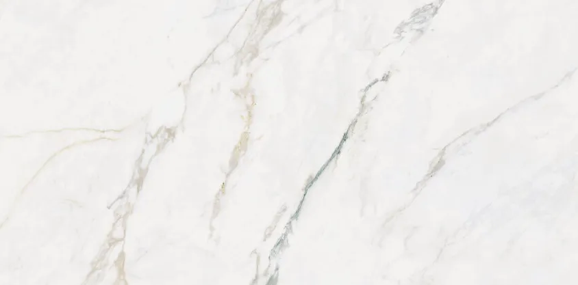 White marble-effect porcelain tile with soft grey and olive veining on a matte natural finish