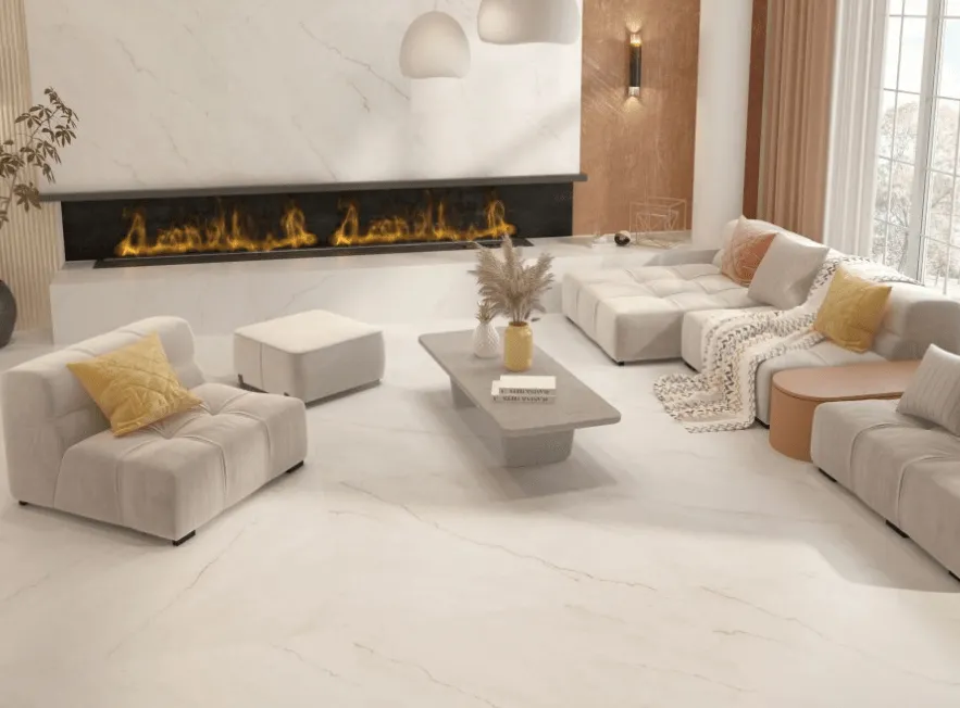 Bright open-plan living room with white marble-effect porcelain floor tiles