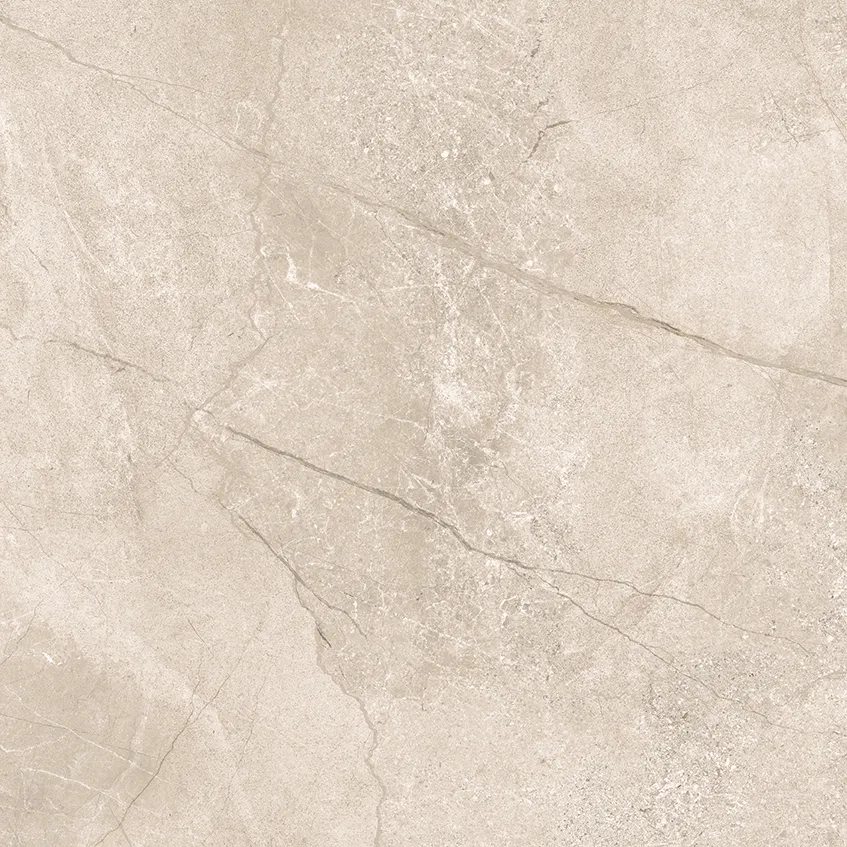 Beige matt porcelain tile with darker cracked stone veining across a sandy surface
