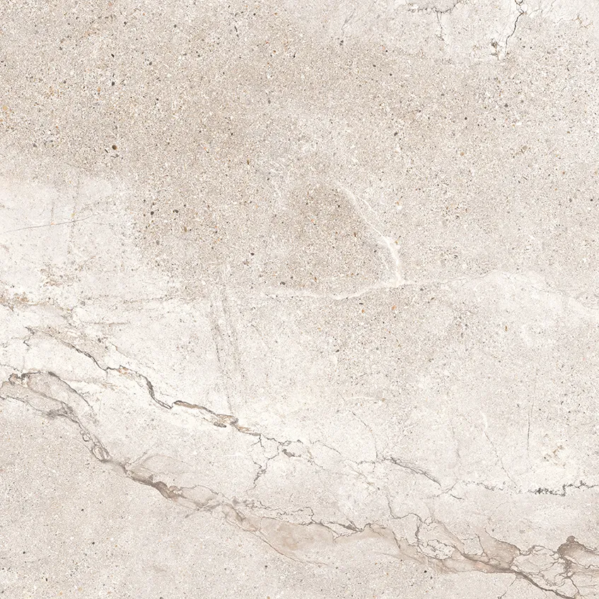Beige stone-look porcelain tile with bold diagonal vein running across surface