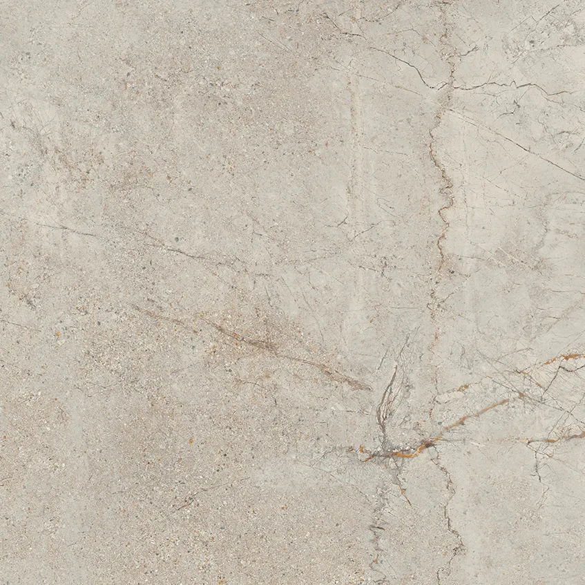 Warm beige porcelain tile with scattered russet veining across a textured surface