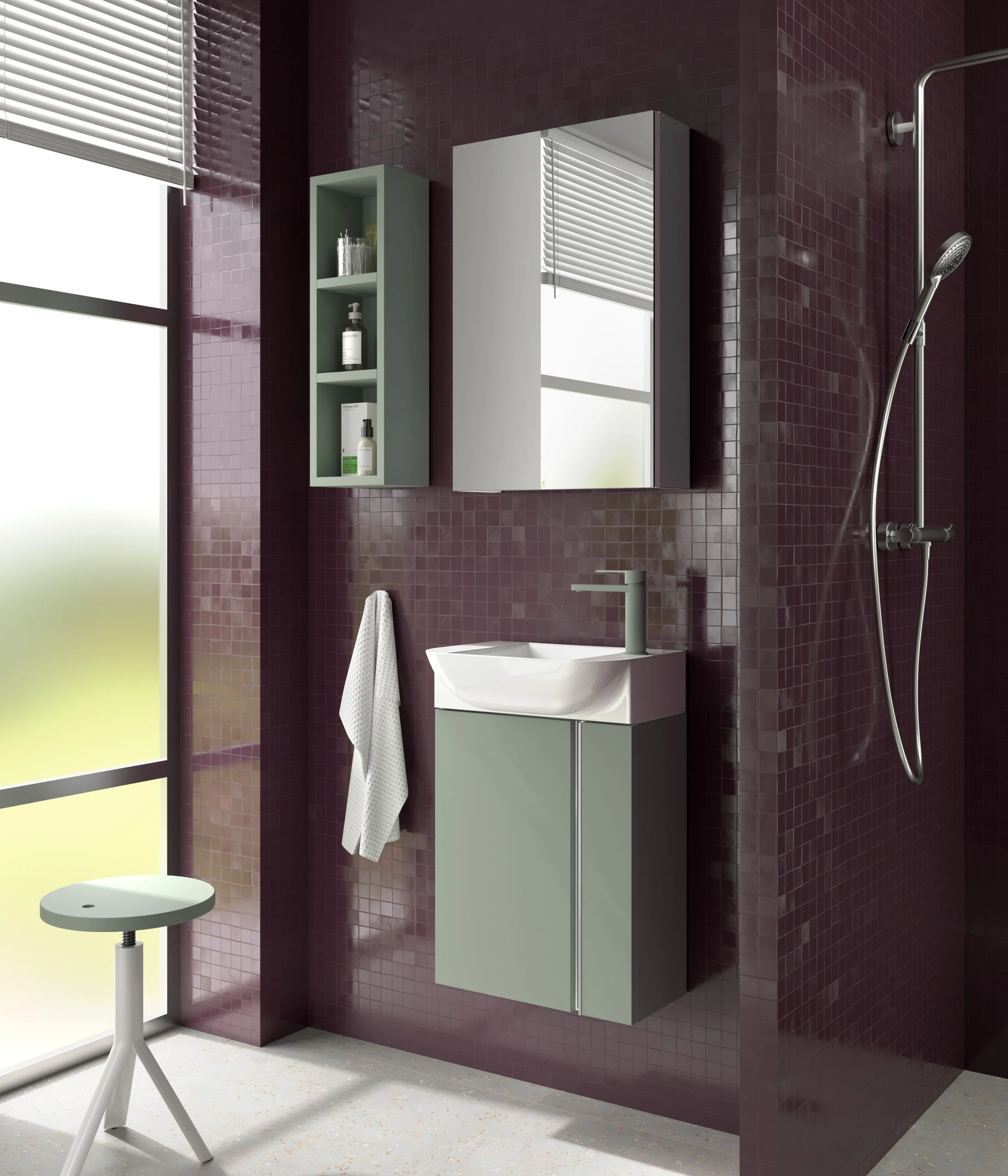Sage green 450mm wall hung vanity unit with white basin in a plum mosaic tiled bathroom